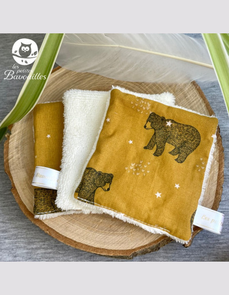 Coton réutilisable lavable tout doux fait main ours moutarde