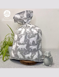 Sac cadeau en tissu chat gris