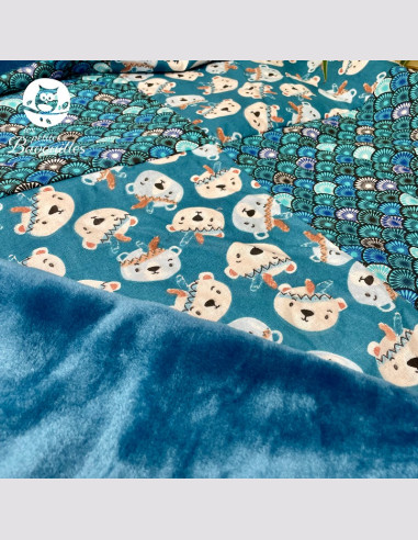 Couverture polaire fait main ours plume bleu