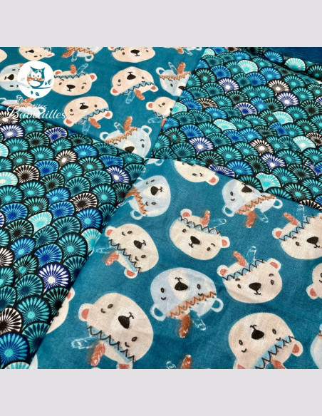 Couverture polaire fait main ours plume bleu