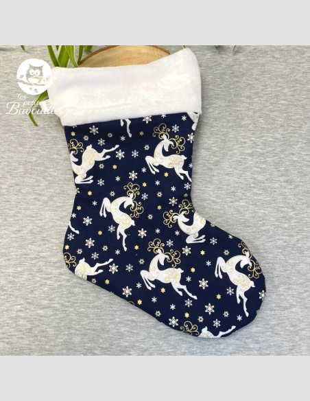 Chaussette de Noël renne bleu et or