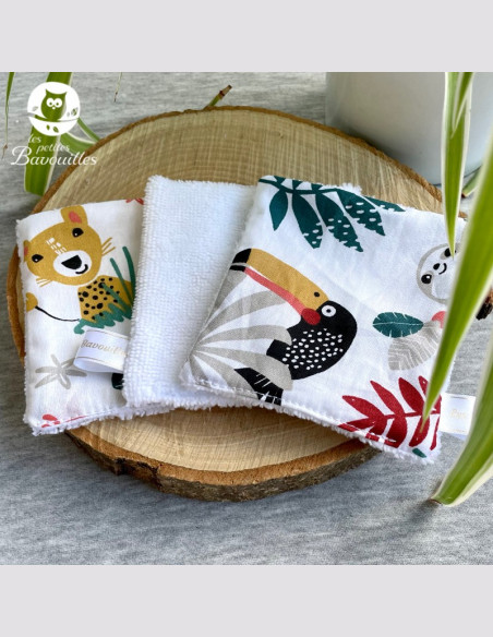 Coton réutilisable lavable tout doux fait main jungle, toucan et tigre Coton réutilisable lavable tout doux fait main jungle, toucan et tigre